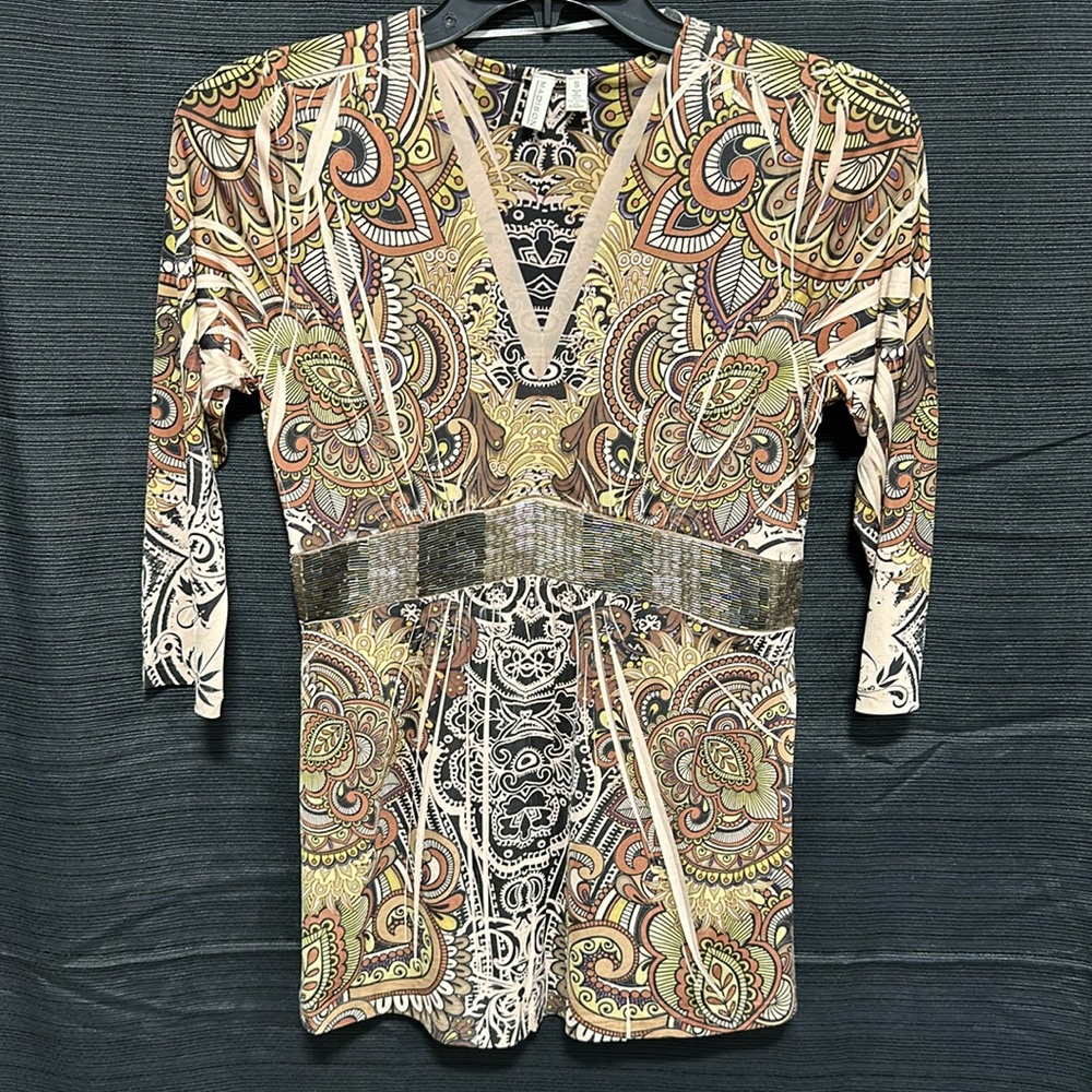 Madison Fall Paisley Bugle Beaded Waist Deep V Neck‎ Babydoll Top Size S